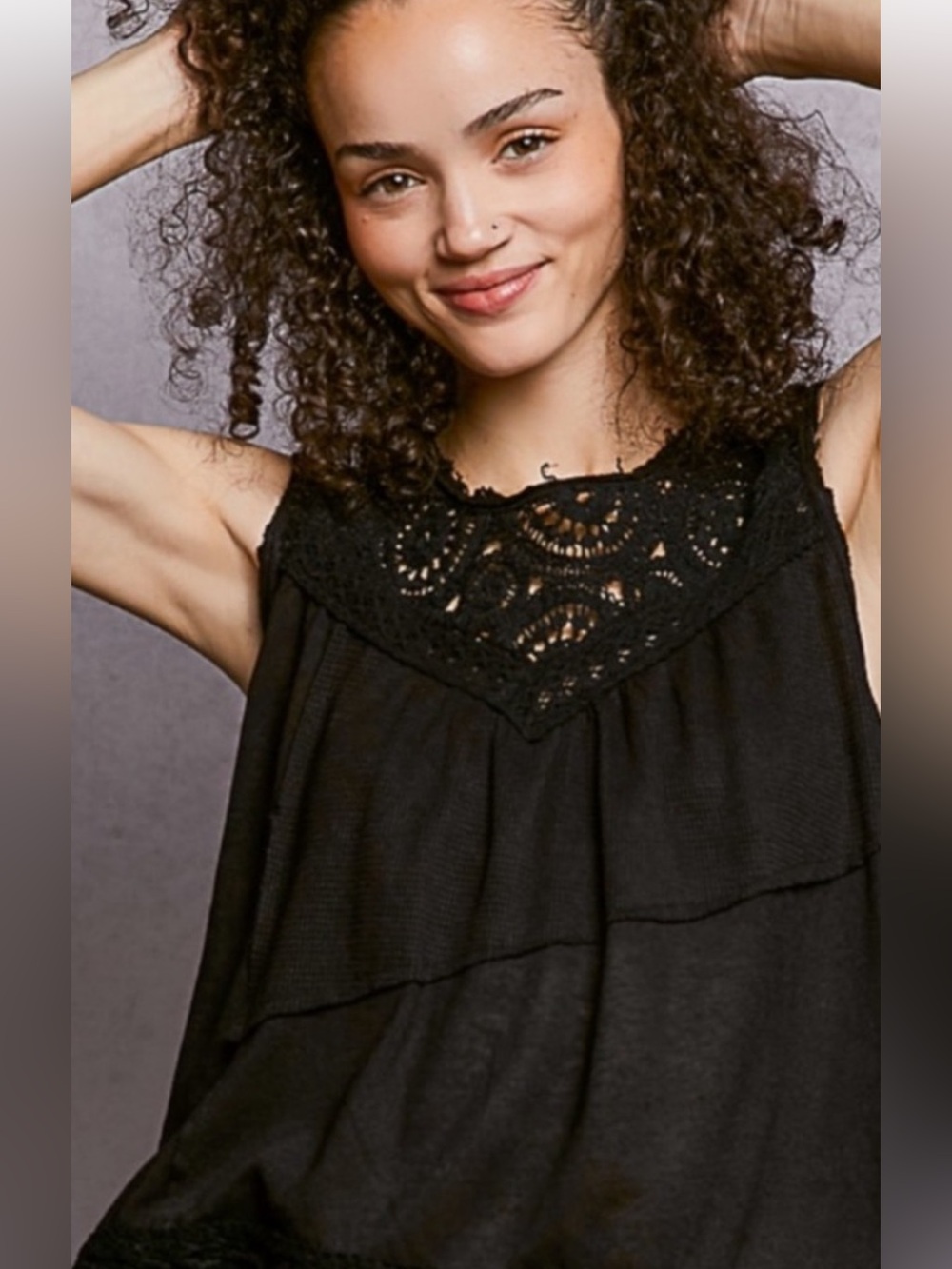 #200-034 POL Black Sleeveless Lace Yoke Tank